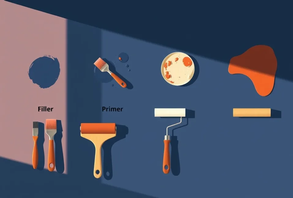 Outils de peinture disposés dans l'ordre des étapes du chantier