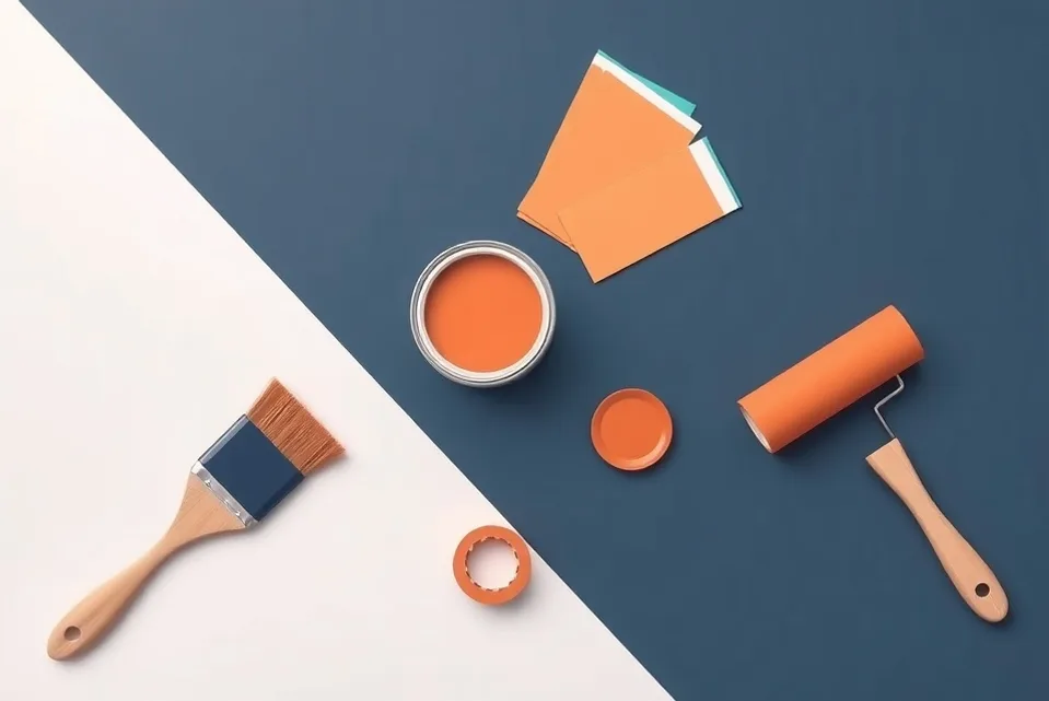 Pots de peinture, nuancier, brosses et rouleaux disposés à plat