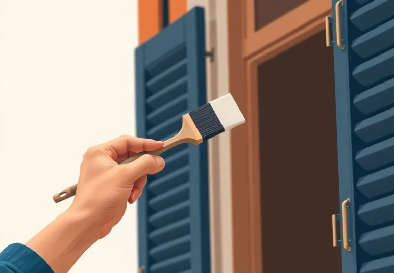 Mise en peinture au pinceau de volets et d'encadrements en bois