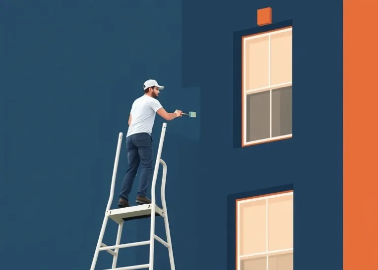Peintre sur échafaudage traitant la façade d'une maison